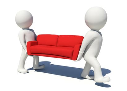 Two worker carrying red couch. Isolated render on white background